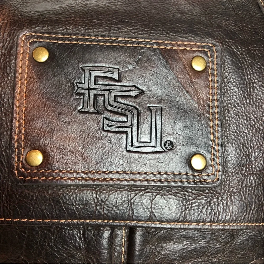 Florida State Gridiron Brown Leather Messenger Book Laptop Bag Seatbelt Strap